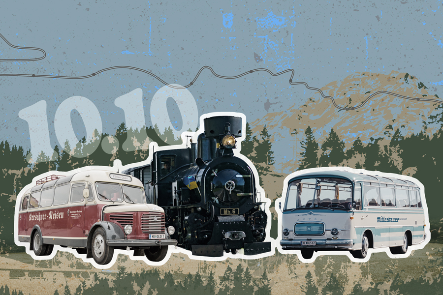 Fotomontage von Dampflok und Oldtimer-Bus 