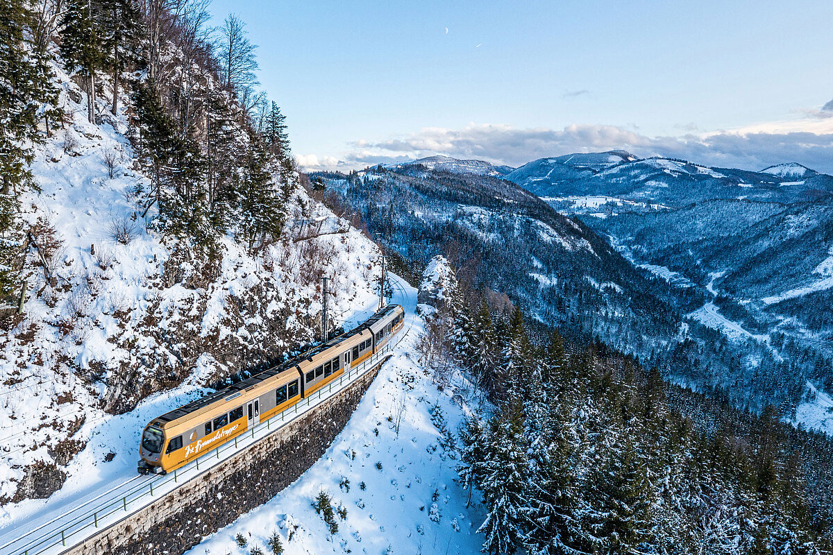 Gelber Zug fährt auf verschneiter Bergstrecke entlang eines steilen Hangs mit Tannenbäumen und Blick auf bewaldete Berge