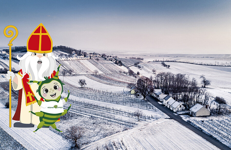 Schneebeckte Landschaft mit einem animierten Nikolaus und einer Reblaus
