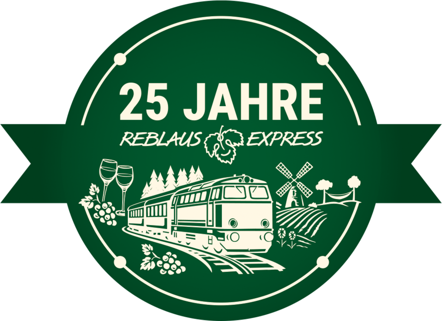 Visual mit dem Text "25 Jahre Reblaus Express" und mit einem Vintage Zug