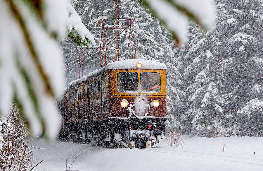 Mit dem Ötscherbär durch die Winterlandschaft ZUg fährt durch verschneite Landschaft