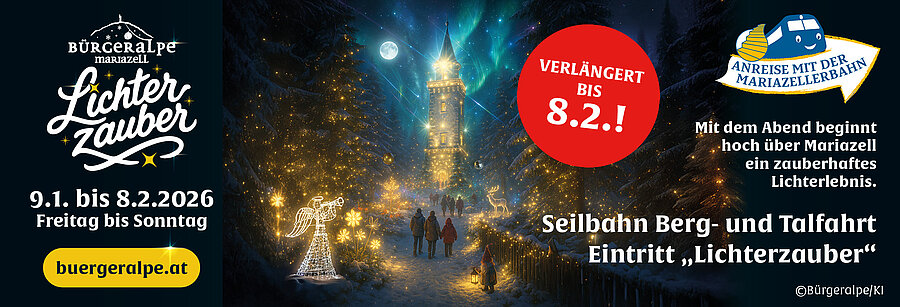 Verschneite Bürgeralpe bei Abenddämmerung, beleuchtet von leuchtenden Lichtpfaden und glitzernden Bäumen.