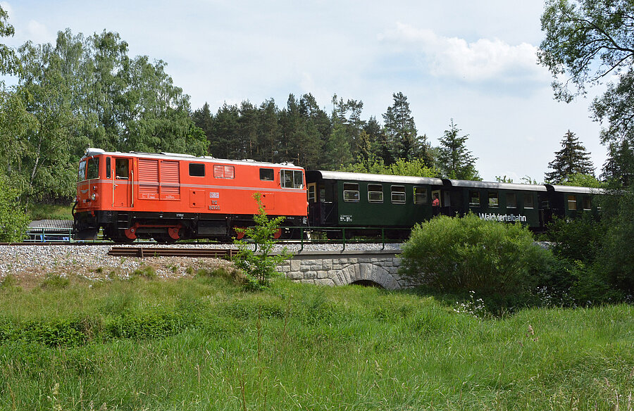 Rote Diesellok fährt durch grüne Landschaft.