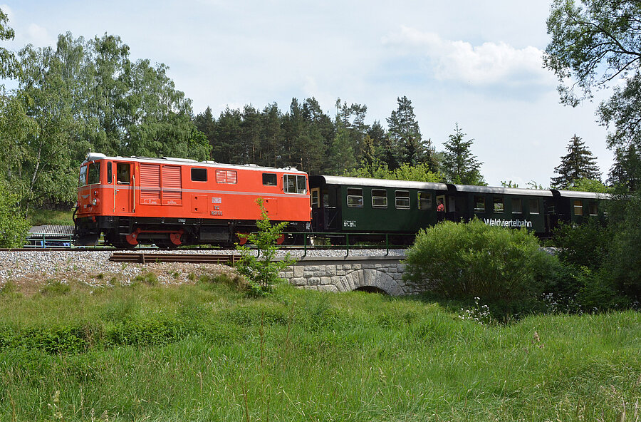 Rote Diesellok fährt durch grüne Landschaft.